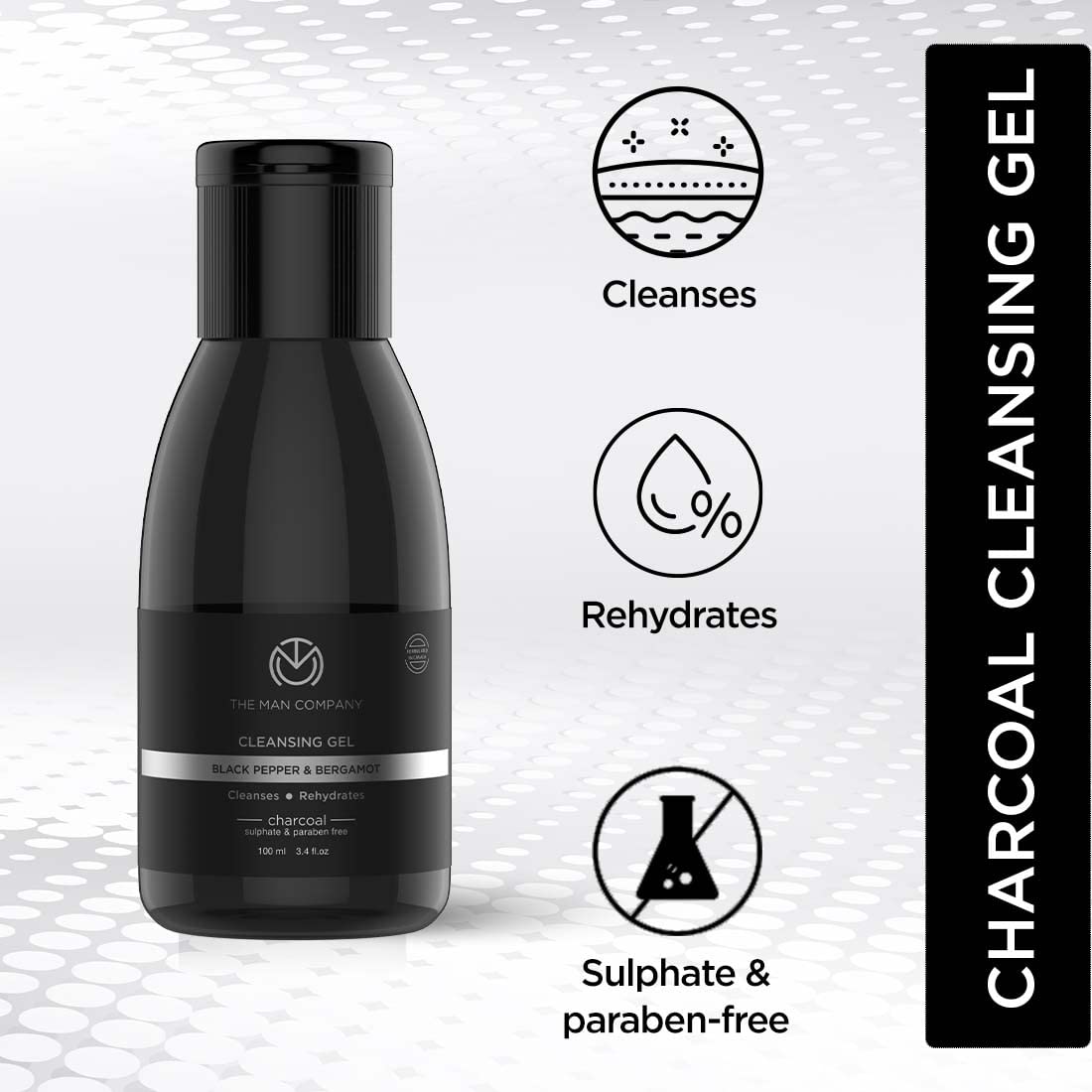 The Man Company Activated Charcoal Tan Removal Cleansing Gel for Oil Control & Glowing Skin | Black Pepper & Bergamot | 100ml