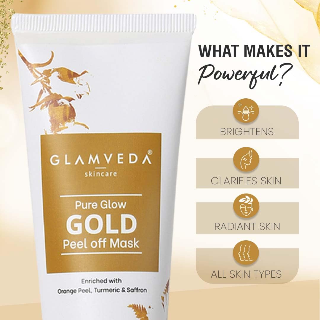 Glamveda Pure Glow Gold Peel Off Mask Enriched With Orange Peel | Anti-ageing & Deep Pore Cleansing | All Skin Types | 60g Pack of 1