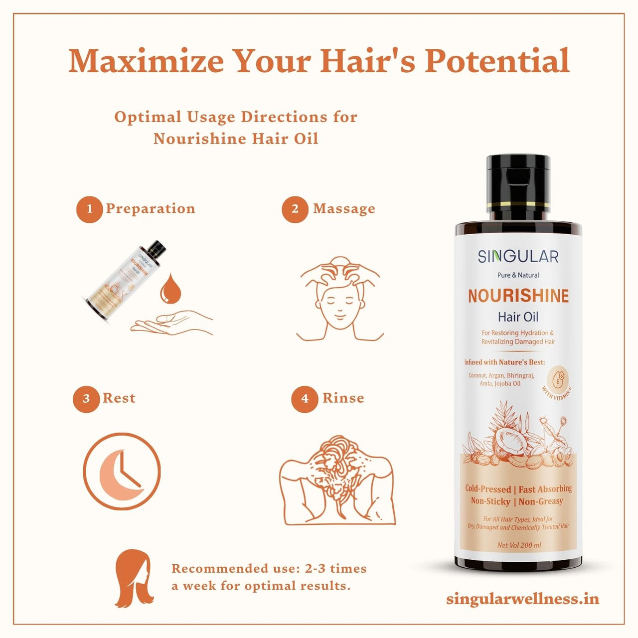 Singular Nourishine Hair Oil for Restores Hydration & Revitalizes Damaged Hair | Pure & Natural Cold Pressed Oil Infused with Nature's Best Coconut, Argan, Bhringraj, Amla, Jojoba Oil with Vitamin E | Ideal for Dry, Damaged & Chemically Treated Hair | 400