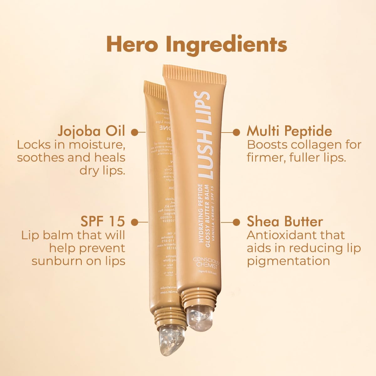 Conscious Chemist® Peptide Lip Balm - Lush Lips with SPF15 | 15g | Vanilla Creme | For Dry & Chapped Lips | 24 hr Hydration & Moisturizing | for Men & Women | Lip Balm for Pigmentation & Dark Lips | Sun Protection | Soothes Dry Lips & Repair Moisture Barr
