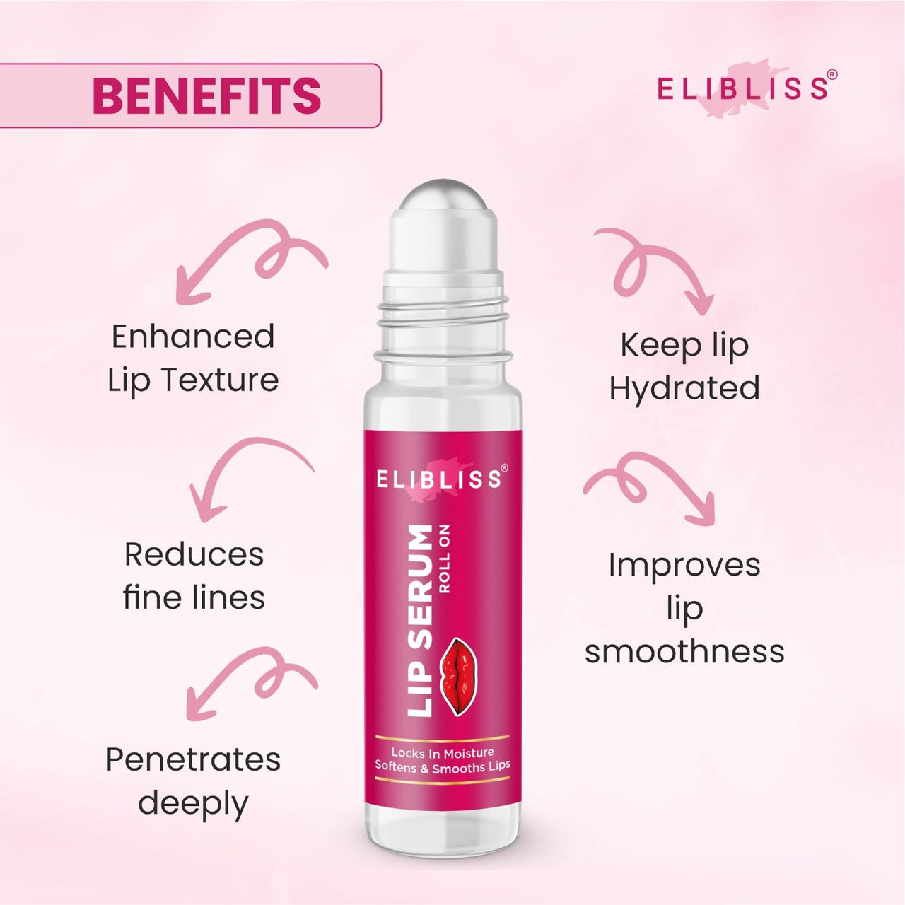 Elibliss Strawberry Lip Serum Roll On for Dry, Chapped & Cracked Lips | Deep Hydration & Moisture Lock Formula | Softens, Smooths & Repairs Lips | Lightweight Non Sticky Daily Lip Care 10ml