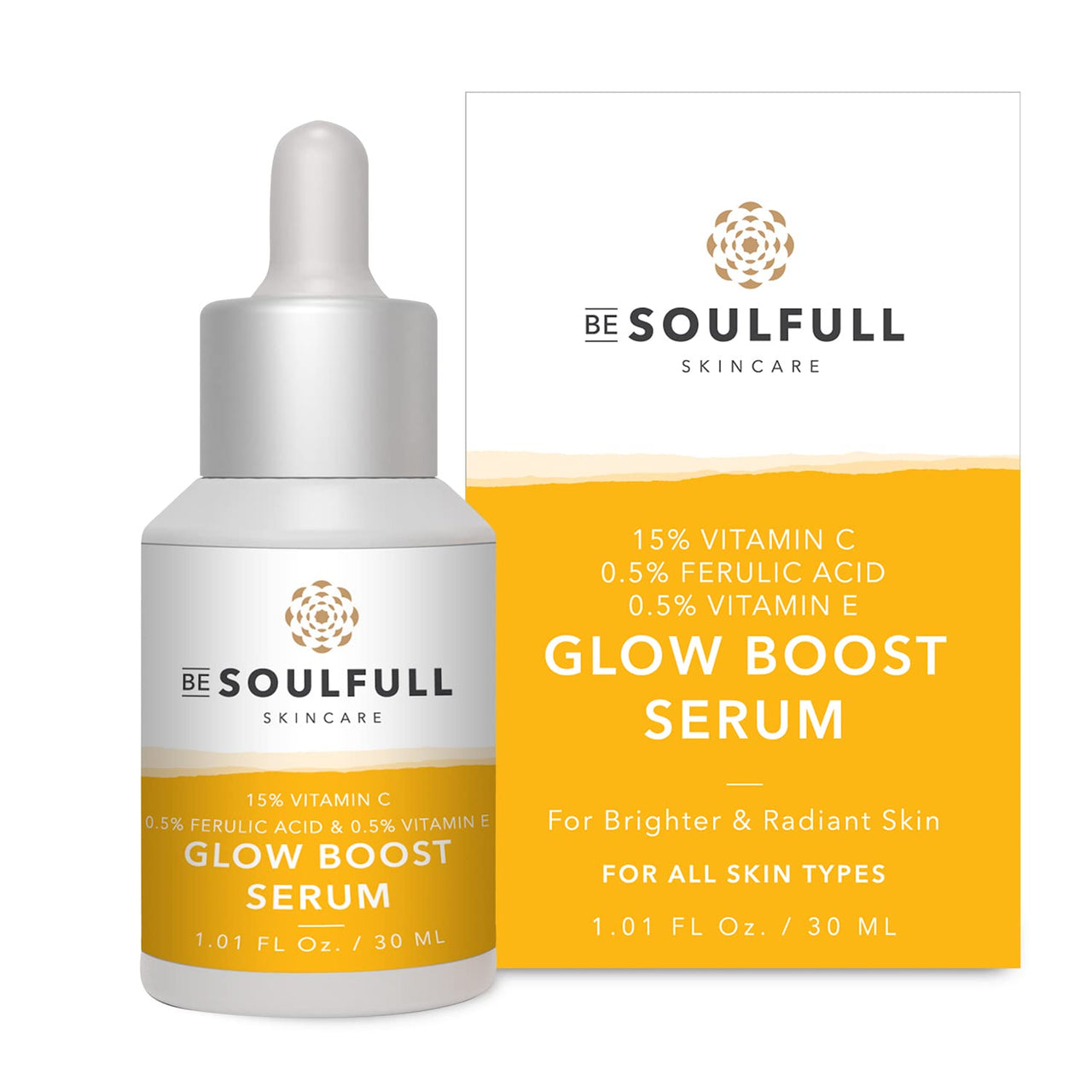 BE SOULFULL 15% Vitamin C Serum with 0.5% Ferulic Acid & 0.5% Vitamin E for Glowing Skin-Skin Brightening Serum-Antioxidant Serum-Reduce Wrinkles & Dark Spots, 30ml / 1.01 Fl Oz
