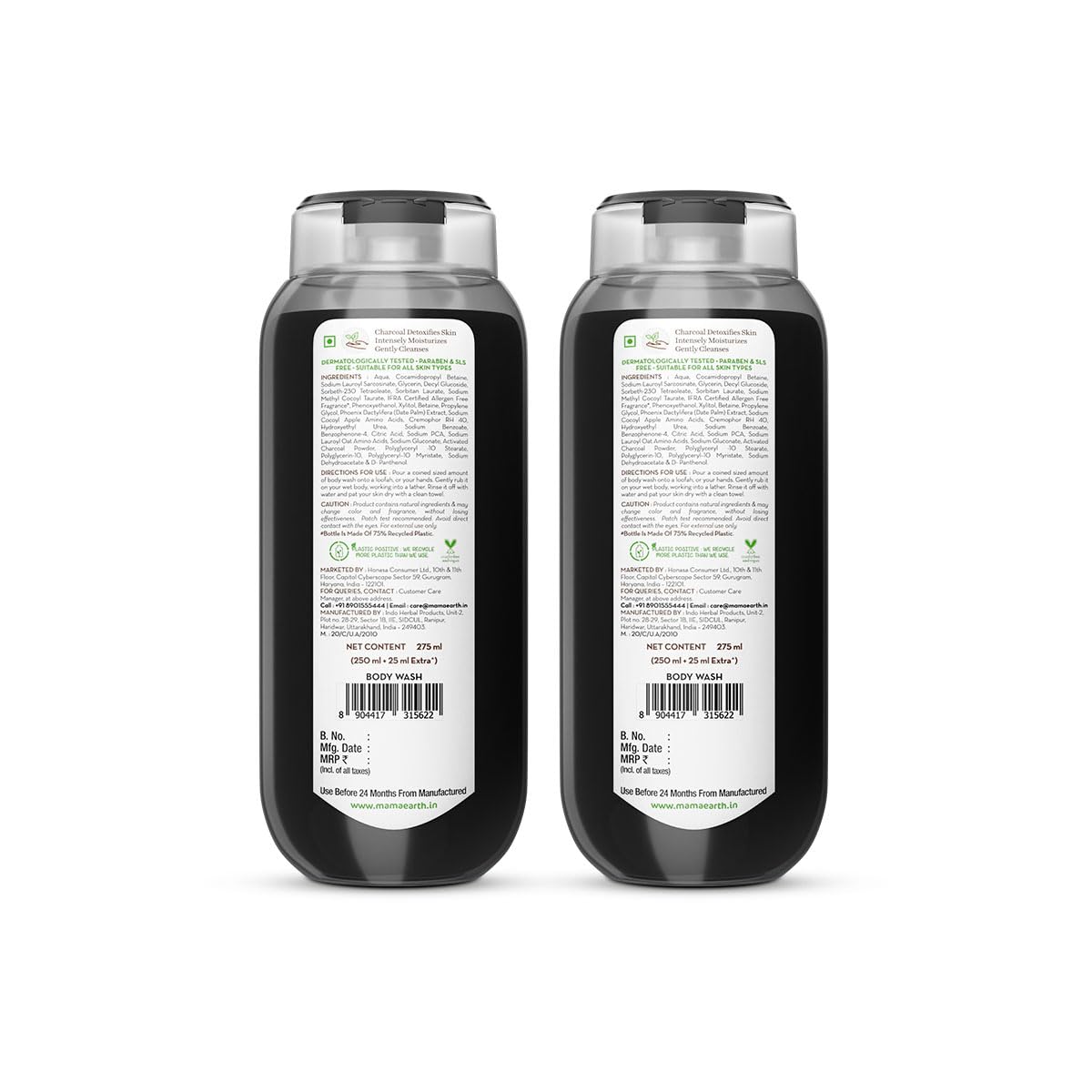 Mamaearth Charcoal Moisturizing Body Wash with Activated Charcoal & Energizing Mint Scent for Skin Detoxification- 275ml | Deeply Cleanses | Intensely Moisturizes | Long-Lasting Fragrance | All Skin Types (Pack of 2)