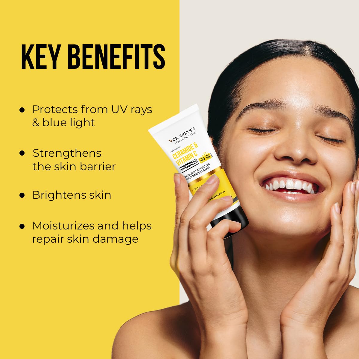 Dr. Sheth's Ceramide & Vitamin C Sunscreen | SPF 50+ Pa+++ | In-Vivo Tested | For Bright Skin & Healthy Glow | Non-Greasy, Quick-Absorbing, No White Cast | UVA/B & Bluelight Protection | For Men & Women | For All Skin Type | 30 g
