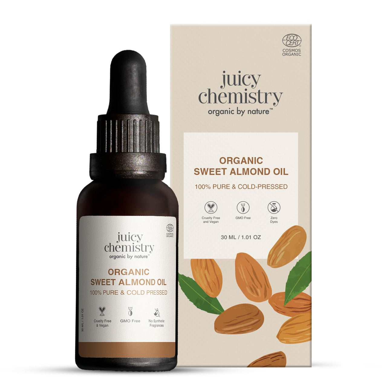 Juicy Chemistry Sweet Almond Oil, 30 ml | 100% Pure, Cold-pressed, Certified Organic & Premium Theraupetic Grade Almond Oil for Skin & Hair | Moisturising Face and Body Oil for Skin and Hair