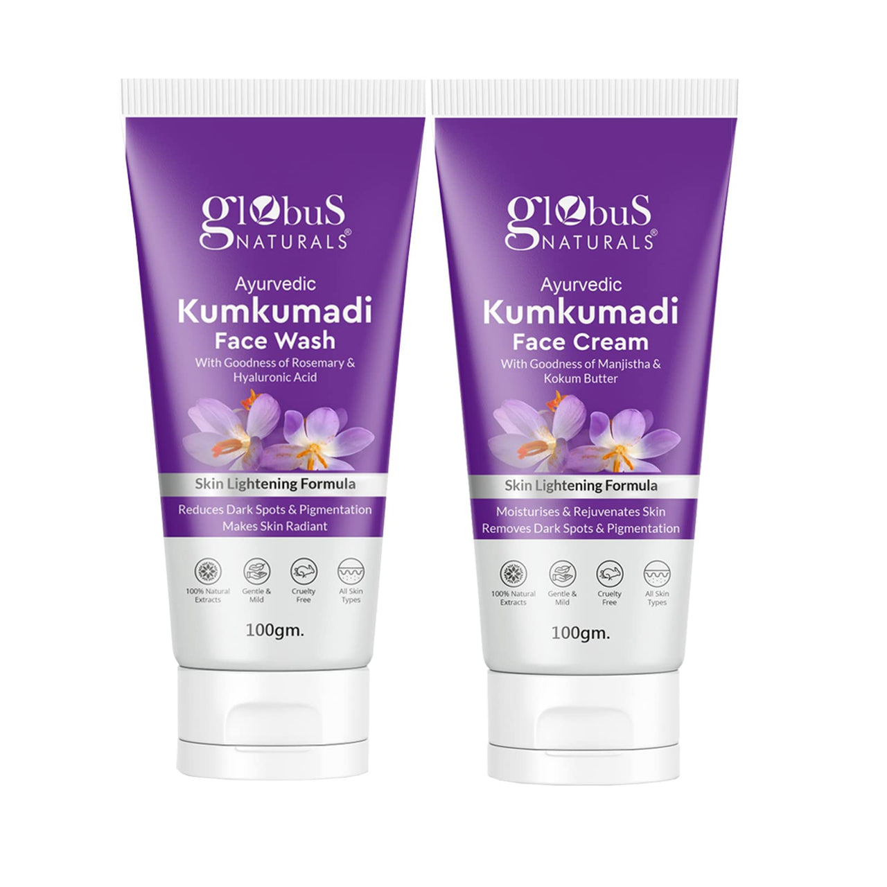 Globus Naturals Kumkumadi Skin Lightening Face Care Combo, Set of 2, Face Wash & Face Pack