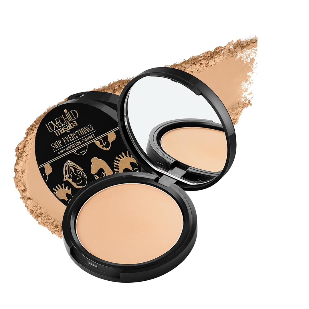 Lovechild Masaba 4-In-1 Mattifying Compact - Perfect All Skin Matte Coverage, Moisturizer, Primer & Skin Repair, With Macadamia Oil & Vitamin E, Quirky Queen (Medium) - 9G