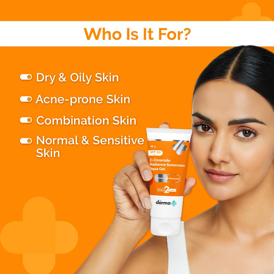 The Derma Co . C-Cinamide Sunscreen Aqua Gel Spf 50 Pa++++|Vitamin C & Niacinamide|No White Cast|Uva,Uvb Sun Protection|Blue Light Protection|Ultra Light Gel For All Glowing Skin- 80Gm,1 Count