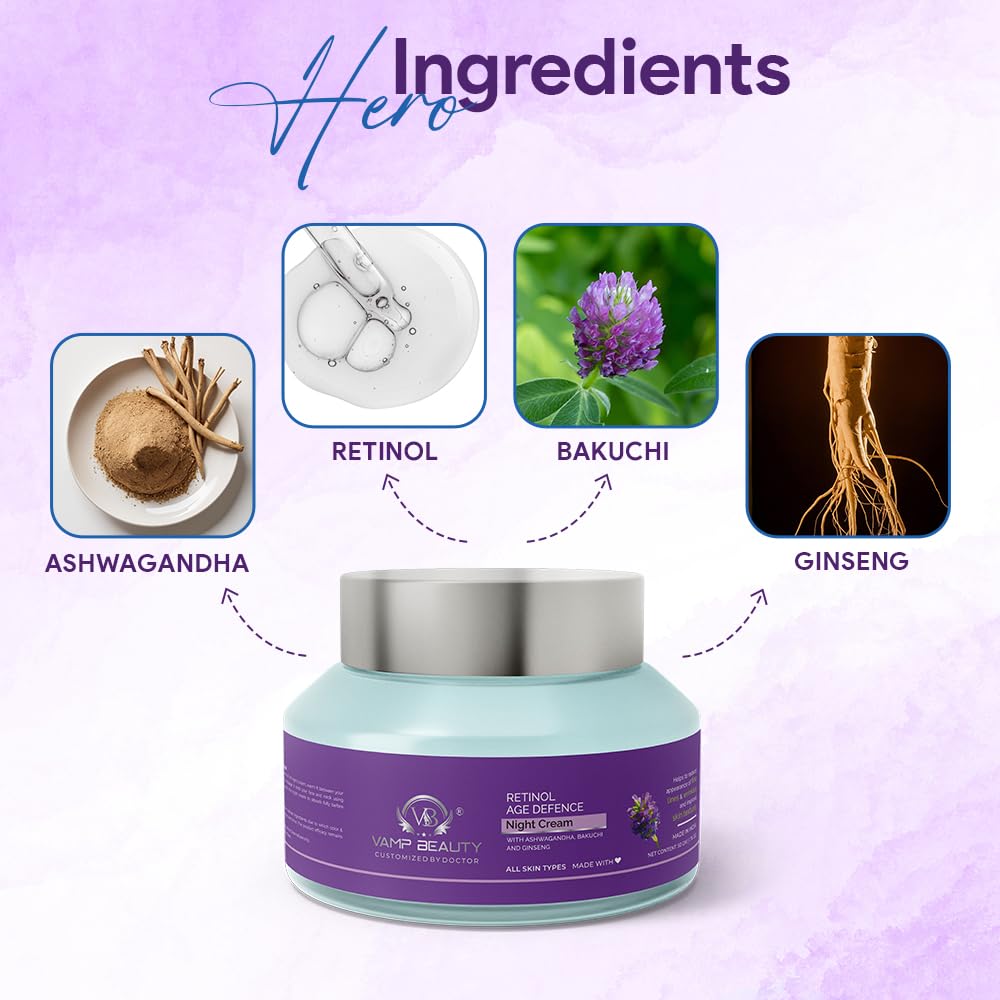 Vamp Beauty Anti-Aging Retinol Night Cream | Enriched with Ashwagandha Bakuchi Ginseng | Smooths Wrinkles & Fine Lines | Lightweight & Non-Greasy | For All Skin Types | 50g