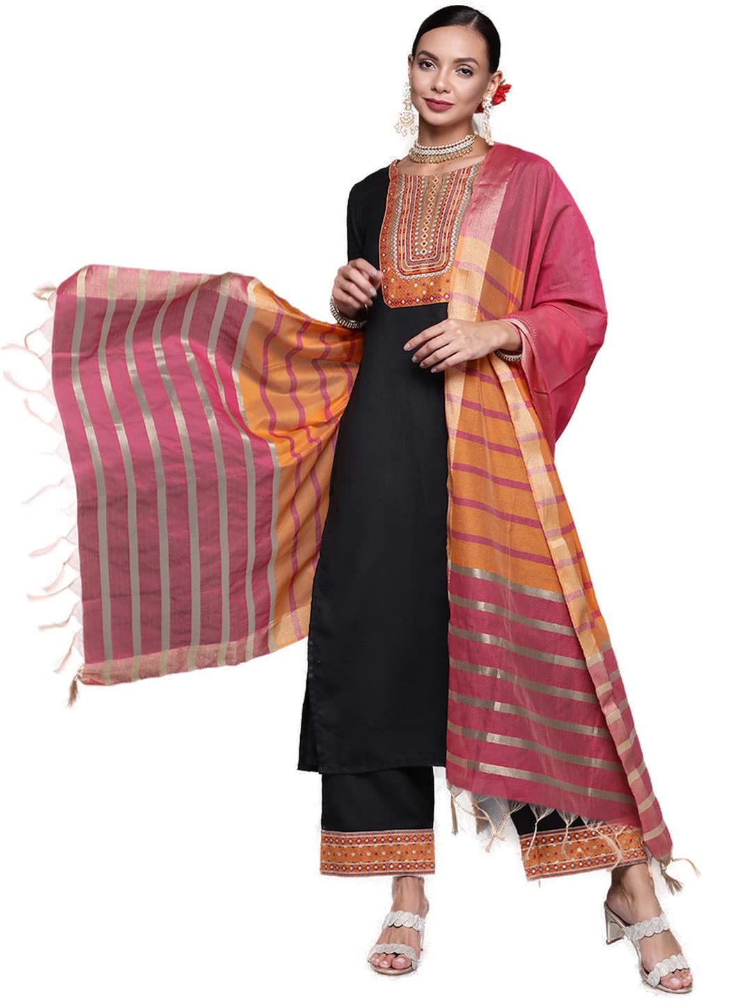 INDO ERA Women's  Solid Cotton Blend Straight Kurta Palazzo With Dupatta Set