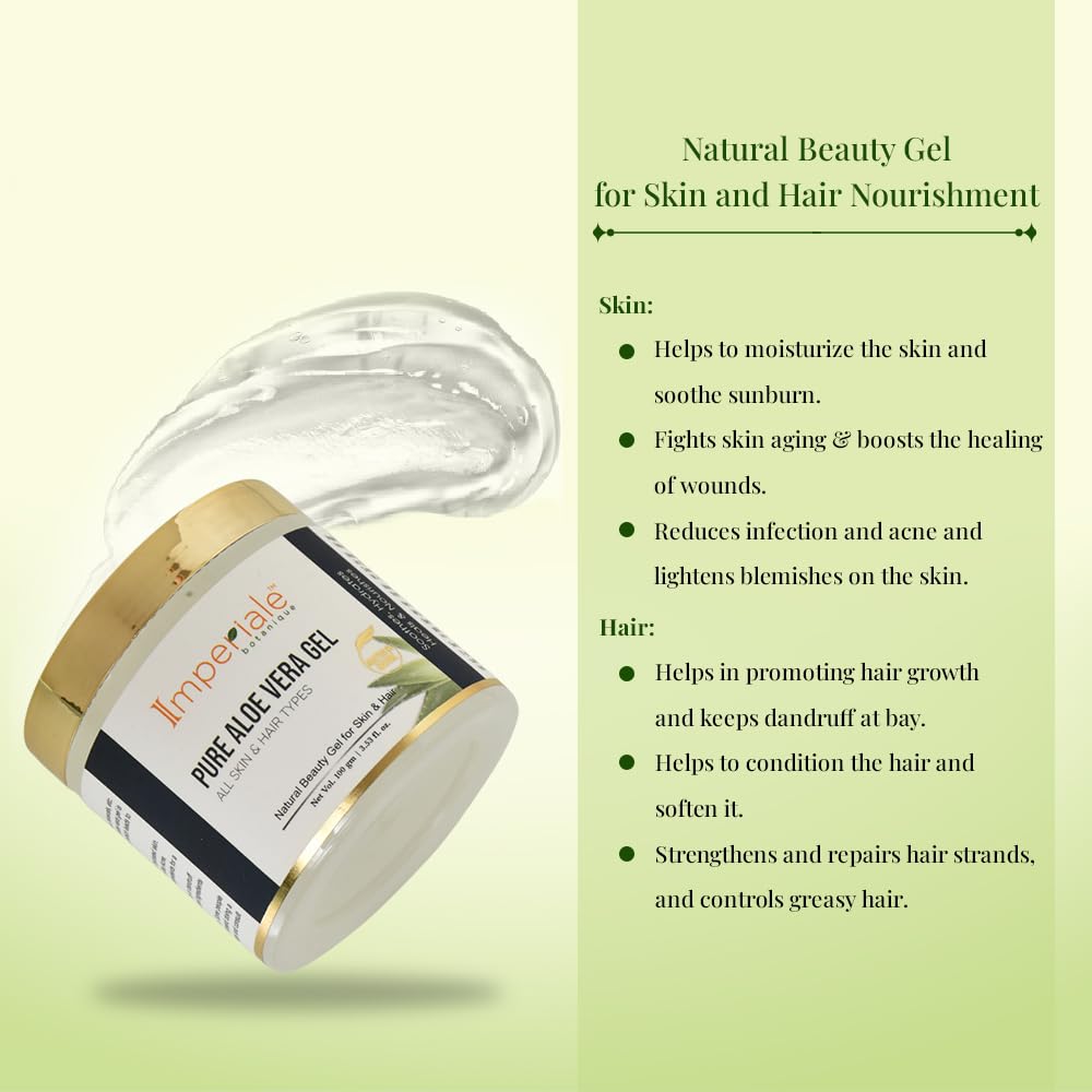 Imperiale Botanique Aloe Vera Gel for Skin & Hair Growth | Hydrating Soothing & Moisturizing with Pure & Natural Aloe Vera | Multipurpose Beauty Gel for Face & Dark Circles | All Skin & Hair Type | 100 GM