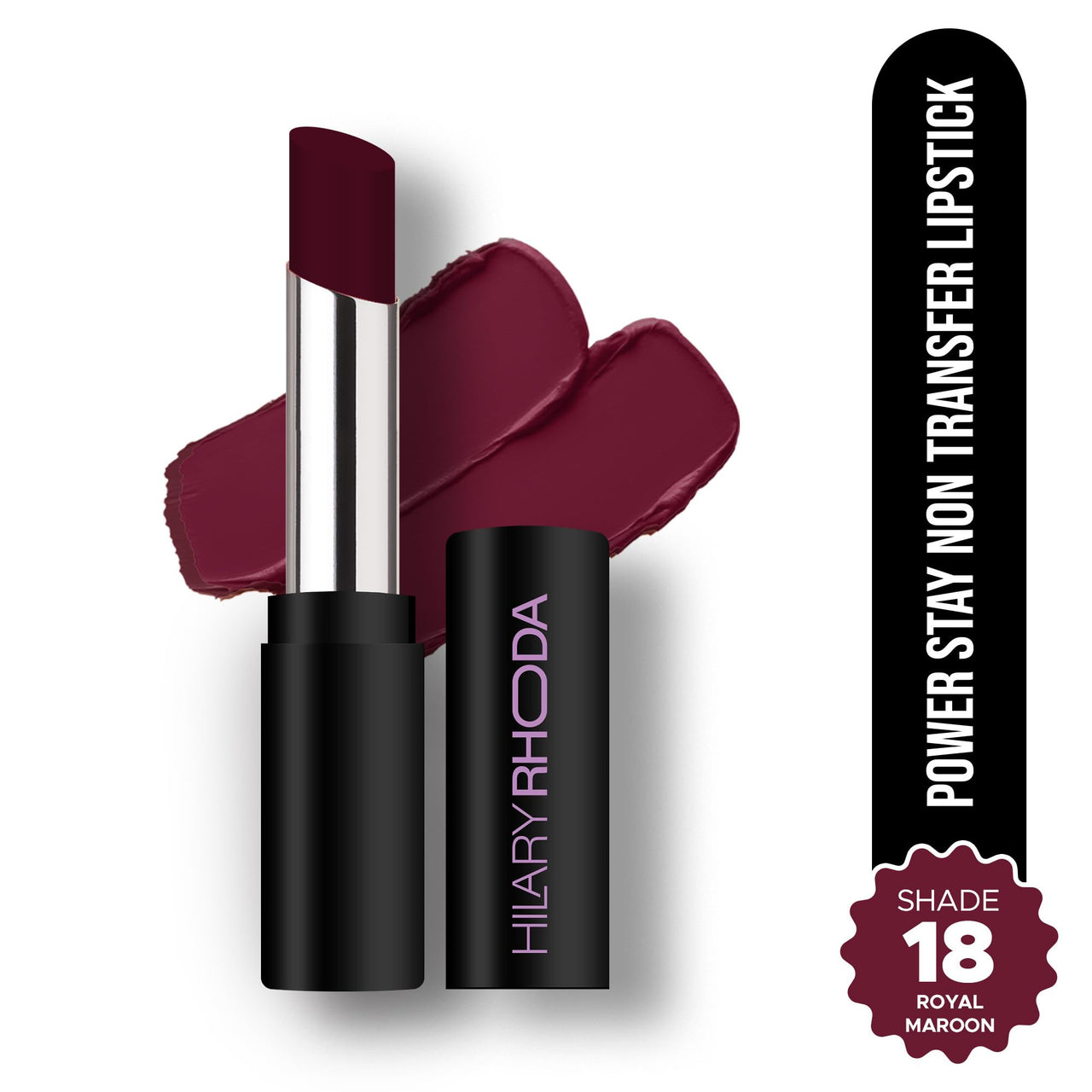 Hilary Rhoda Power Stay NonTransfer Lipstick | Matte Finish | Infused with Vitamin E & Shea Butter | Lightweight & Highly Pigmented | Glides Easily & Smudge-Proof |3.2g (Royal Maroon - Shade 18)