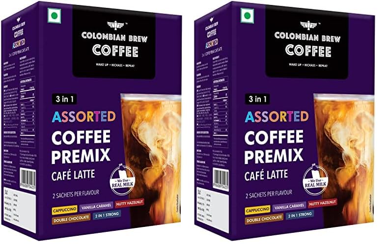 Colombian Brew 3 in 1 Assorted Instant Coffee Premix Cappuccino, Nutty Hazelnut, Vanilla Caramel, Double Choco Mocha,2 in 1 Strong, 2 Sachet per flavour (Pack of 2)