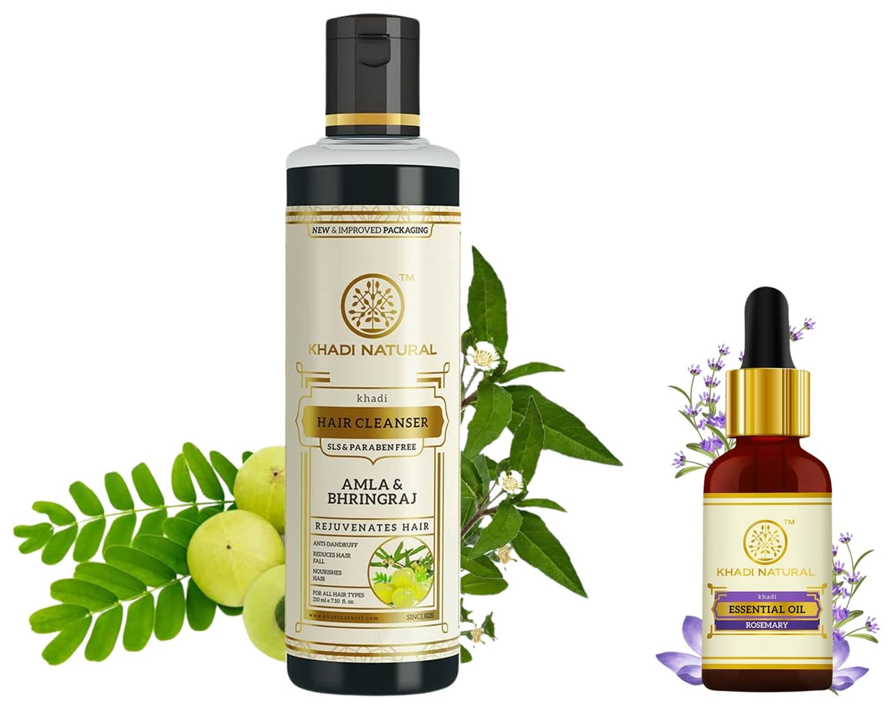 Khadi Natural Ayurvedic Rosemary Essential Oil, 15mlFor for Skin, Hair growth, Amla & Bhringraj Shampoo/Cleanser for Controlling Dandruff & Hair fall Shampoo Paraben & Sulphate-Free 210ml