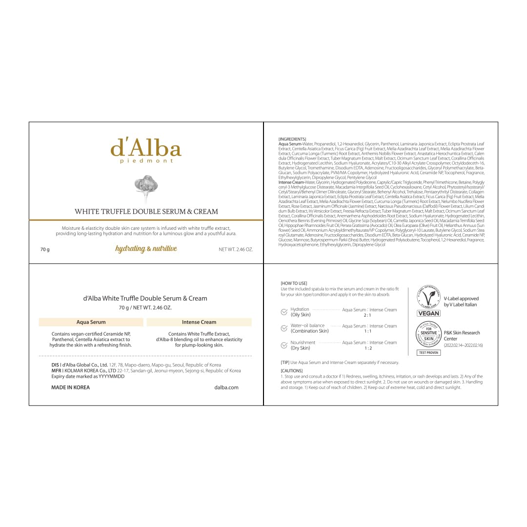 d'alba Piedmont Italian White Truffle Double Serum & Cream, Customizable 2-In-1 Intensive Skin Care, Cream For Elasticity And Brightness, Mild And Vegan Dual Cream