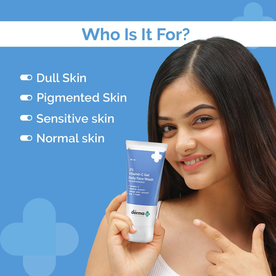 The Derma Co 2% Vitamin C Gel Daily Face Wash with Vitamin C, Rosehip & Orange Peel Extract for Glowing Skin I Brightens & Evens Skin Tone I Anti-Oxidant Rich Formula I For All Skin Type - 80ml