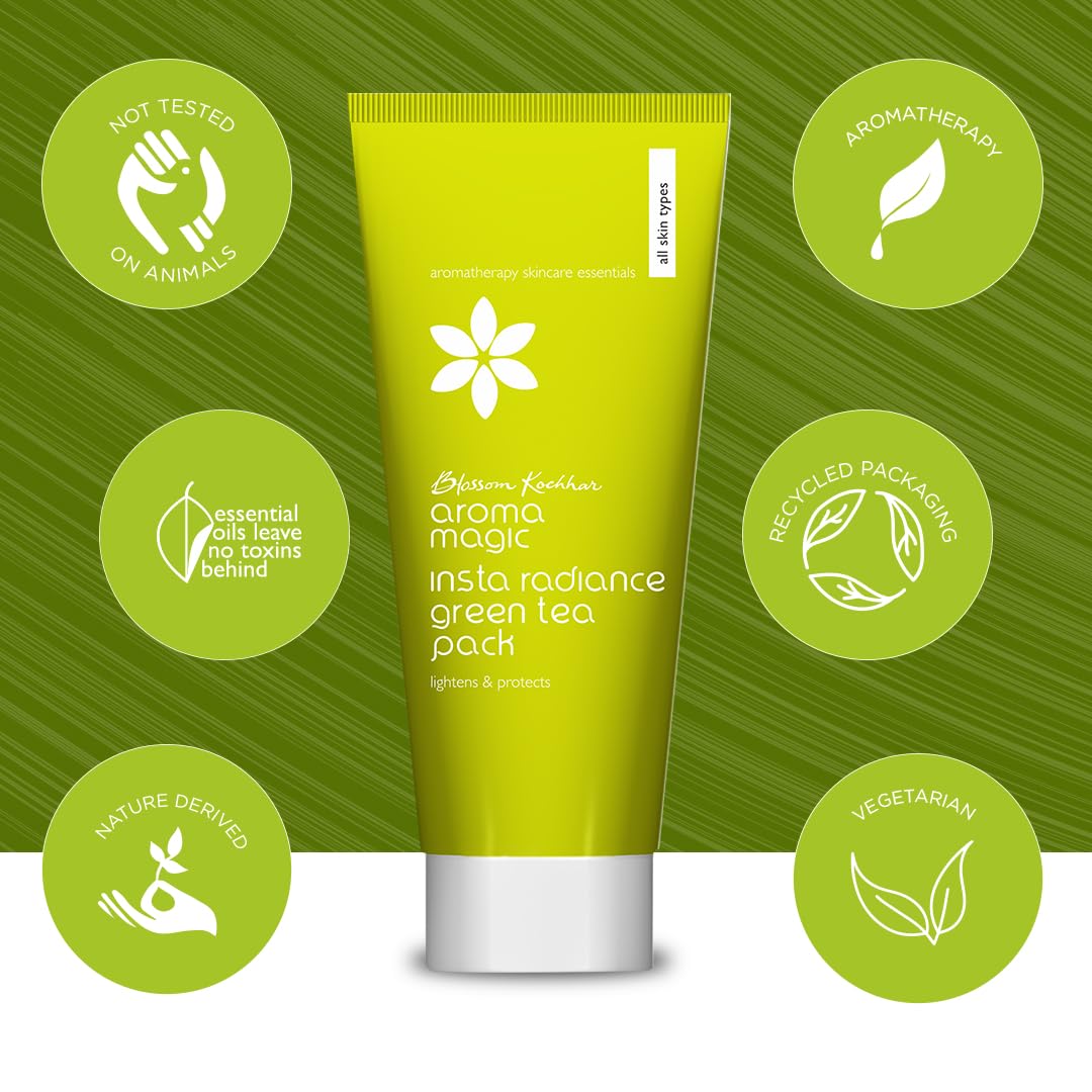 Aroma Magic INSTA Radiance Green Tea Pack orange & lemon Essential Oils | Blend of fruit enzymes | For Lighten Blemishes| Hydrates & Protect | for Men & Women | ALL Skin Types | 100gm Pack of 1