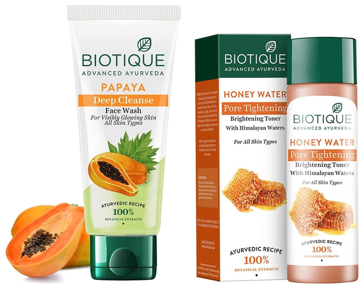 Biotique Honey Water Pore Tightening Brightening Toner With Himalayan Waters, 120ml & Biotique Papaya Deep Cleanse Face Wash For Visibly Glowing Skin All Skin Types, 150ml