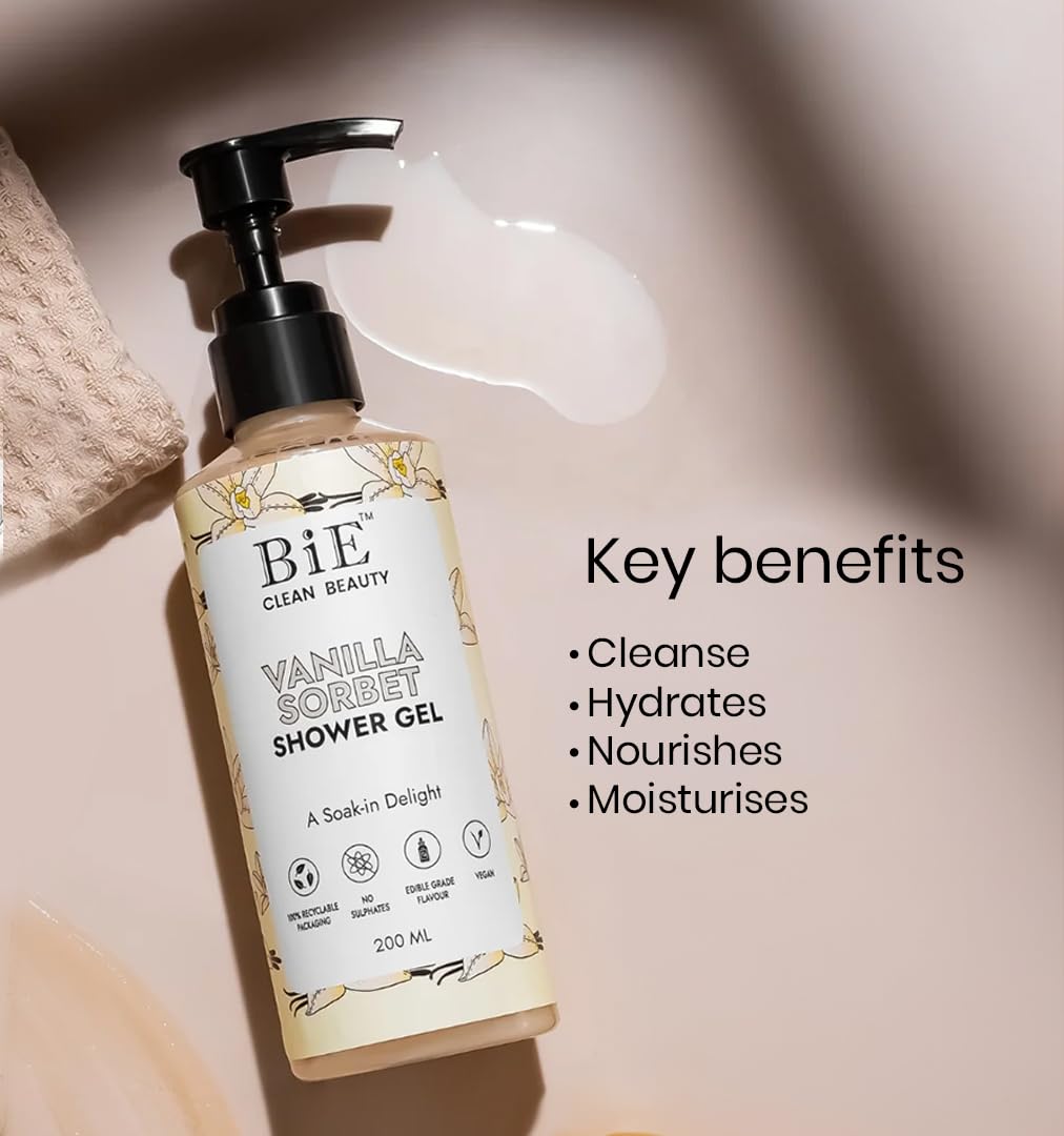 BiE - Vanilla Sorbet Shower Gel | Infused with Aloe Vera, Trehalose & Vanilla Extracts | Hydrating & Refreshing Body Cleanser | 200ml