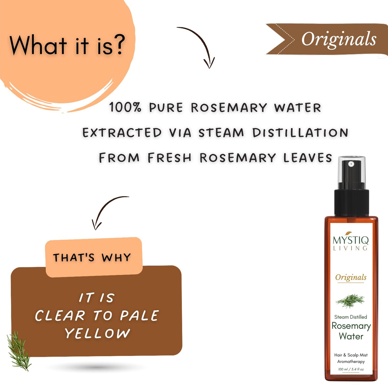 Mystiq Living Rosemary Water, Hair Spray for Regrowth| 100% Pure and Natural Hydrosol | Hair Mist (Pack of 2) - 200ML