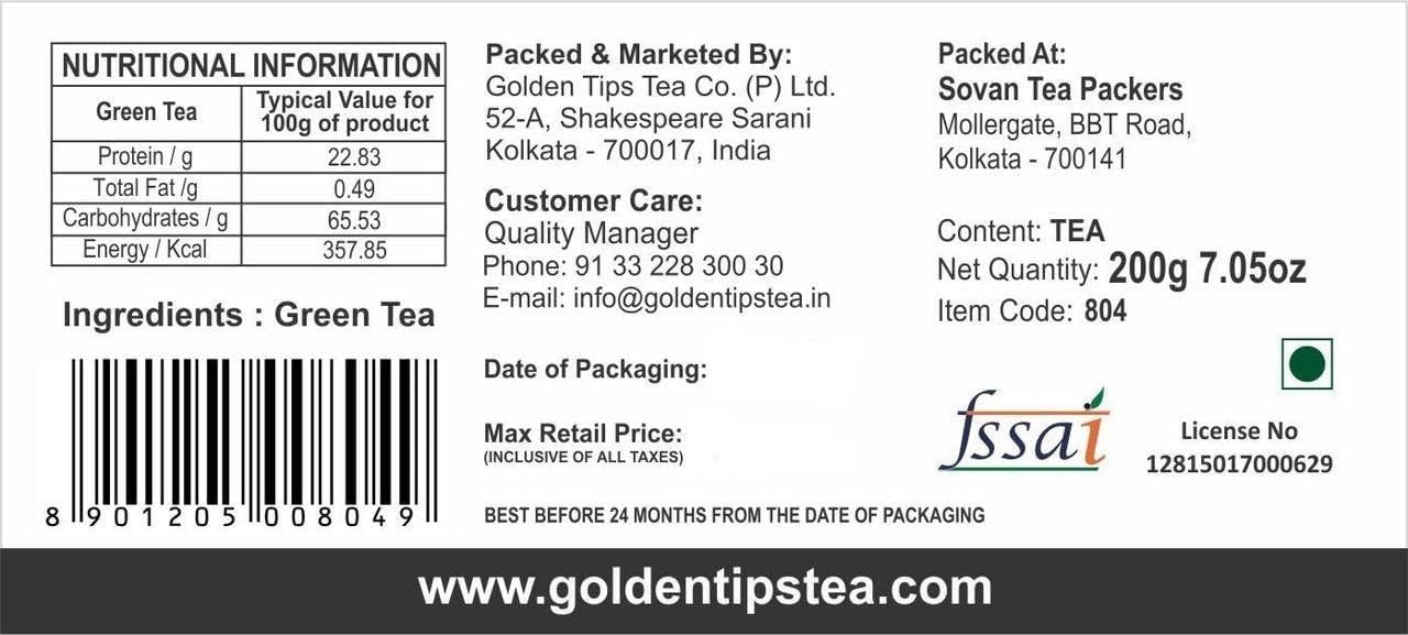 Golden Tips Healthy/Natural and Organic Darjeeling Green Tea Bags (100 Bags, 200 Gram)