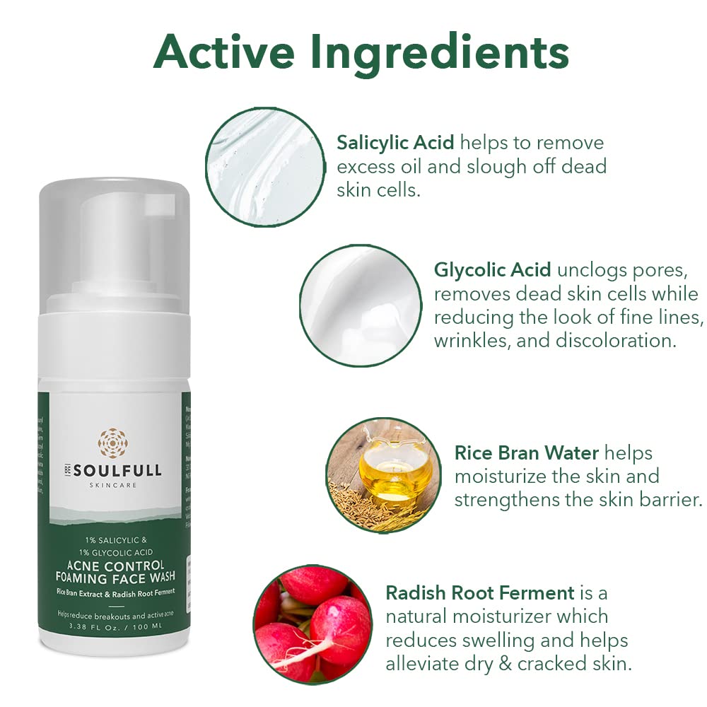 BE SOULFULL Acne Foaming Face Wash- Acne Control Face Wash with 1% Salicylic Acid, 1% Glycolic Acid- Daily Exfoliating Face Wash- Controls Oil, checks Open Pores & Removes Dead Skin Cells- 100ML
