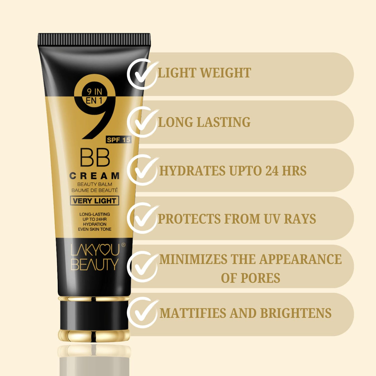 Lakyou Beauty 9 in 1 BB Cream | Light Weight | Long Lasting | Up To 24Hrs Hydration | Even Skin Tone | SPF-15 | Shade-05(Rich Nude) | 80g