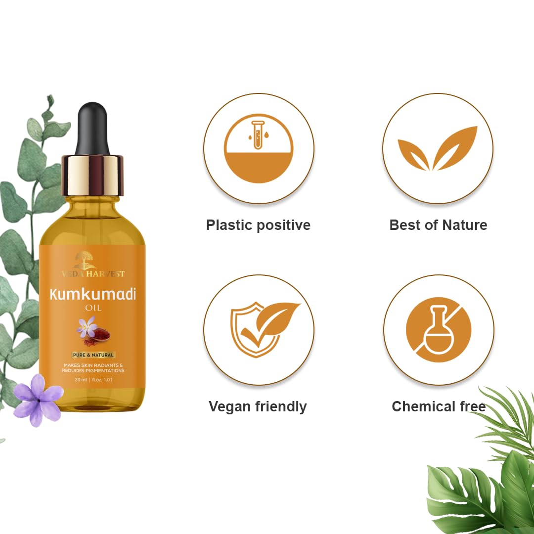 Veda Harvest Kumkumadi oil/Kumkumadi tailam for glowing skin|Brighten Skin|Acne and Pimples|For Dark spots,Wrinkles and Pigmentation| Brightening Oil|All Skin Types & No Side Effects| 30ml