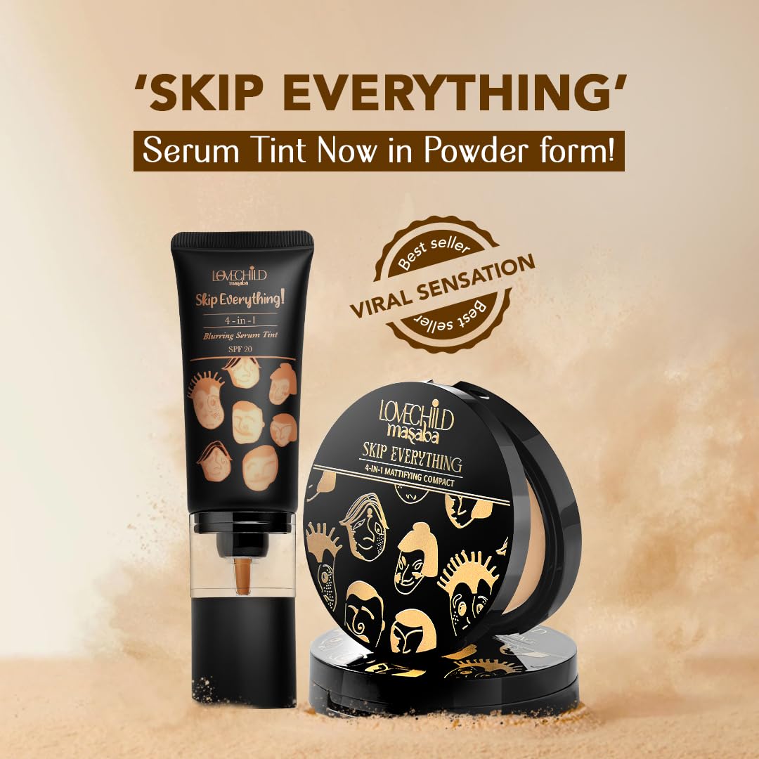 Lovechild Masaba 4-In-1 Mattifying Compact - Perfect All Skin Matte Coverage, Moisturizer, Primer & Skin Repair, With Macadamia Oil & Vitamin E, Quirky Queen (Medium) - 9G