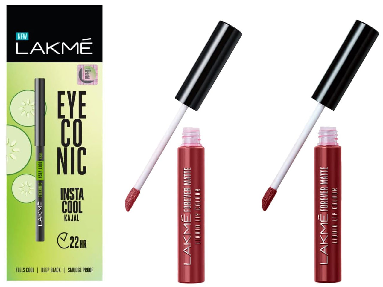 LAKMÉ Forever Matte Liquid Lip Color - 34 Brown Sheer & LAKMÉ Eyeconic Insta Cool Kajal, Black & Lakme Forever Matte Liquid Lip 35 Rose Wood