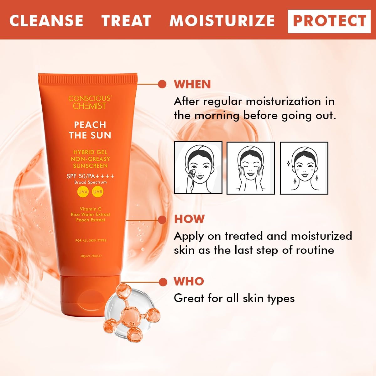 Conscious Chemist® Sunscreen SPF 50 PA++++ | 50g | Gel Sunscreen for Oily Skin, Vitamin C with Rice Water & Peach Extract, Hybrid Lightweight, All Skin Type - Peach The Sun