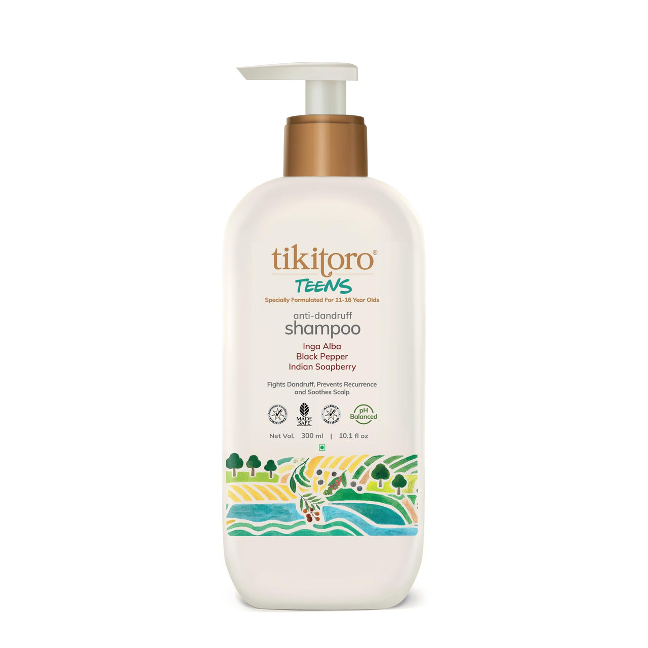 Tikitoro Teens Anti-dandruff Shampoo 100% Vegan with Aloe vera, Provitamin B5, Hibiscus, Rice Protein, Cleanses Scalp, Conditions Hair No Parabens & Sulphates (300ml x 1)