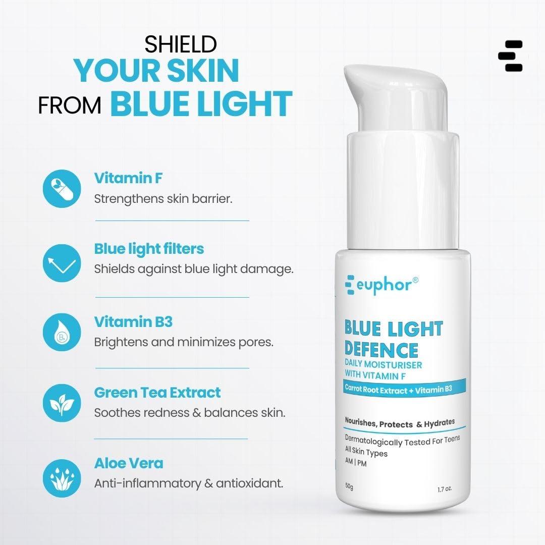 Euphor Teens | Daily Light-weight Moisturizer- Blue Light Defence | Protects, Nourishes and Hydrates | Niacinamide, Vitamin F, Carrot Root Extract | All Skin Types | PEG-free, No Parabens and Sulphates | 50g | For Women and Men