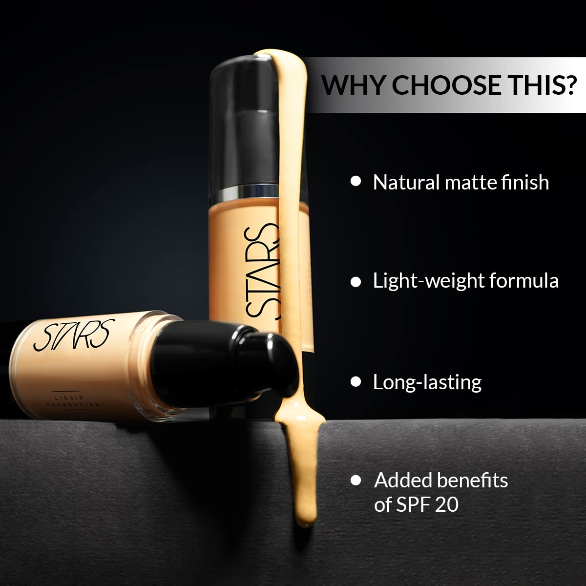 Stars Cosmetics Liquid Foundation Face Makeup Professional Long Lasting & Full Coverage Matte Finish Suitable For All Skin Types Keeps Skin Hydrated Protects From UV Rays Contains SPF 20 (Beige) 30ml