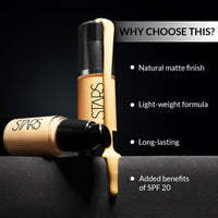 Stars Cosmetics Liquid Foundation Face Makeup Professional Long Lasting & Full Coverage Matte Finish Suitable For All Skin Types Keeps Skin Hydrated Protects From UV Rays Contains SPF 20 (Beige) 30ml