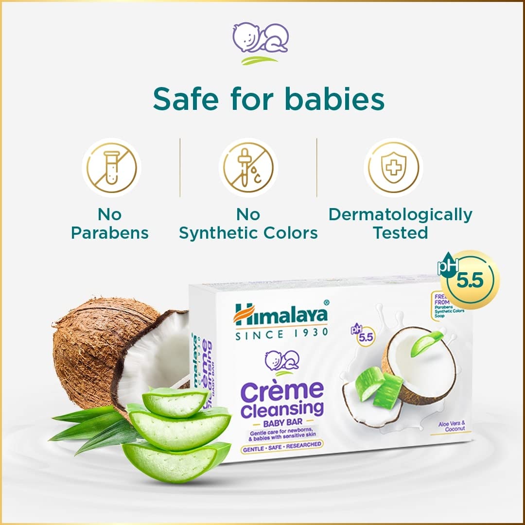 Himalaya Creme Cleansing Baby Bar 125G| pH 5.5|with Coconut milk Protein and Aloe vera|Soap Free|Dermatologically tested |For New borns|For Baby's  sensitive skin| No Parabens|No Synthetic Colors