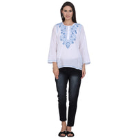 Paramount Women's  Chikankari Cotton White Straight Short Kurta Navy XS