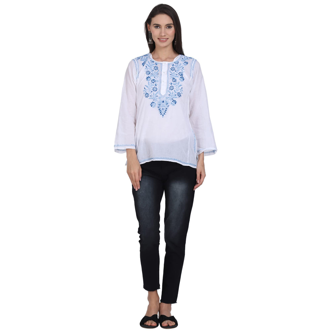 Paramount Women's  Chikankari Cotton White Straight Short Kurta Navy XS