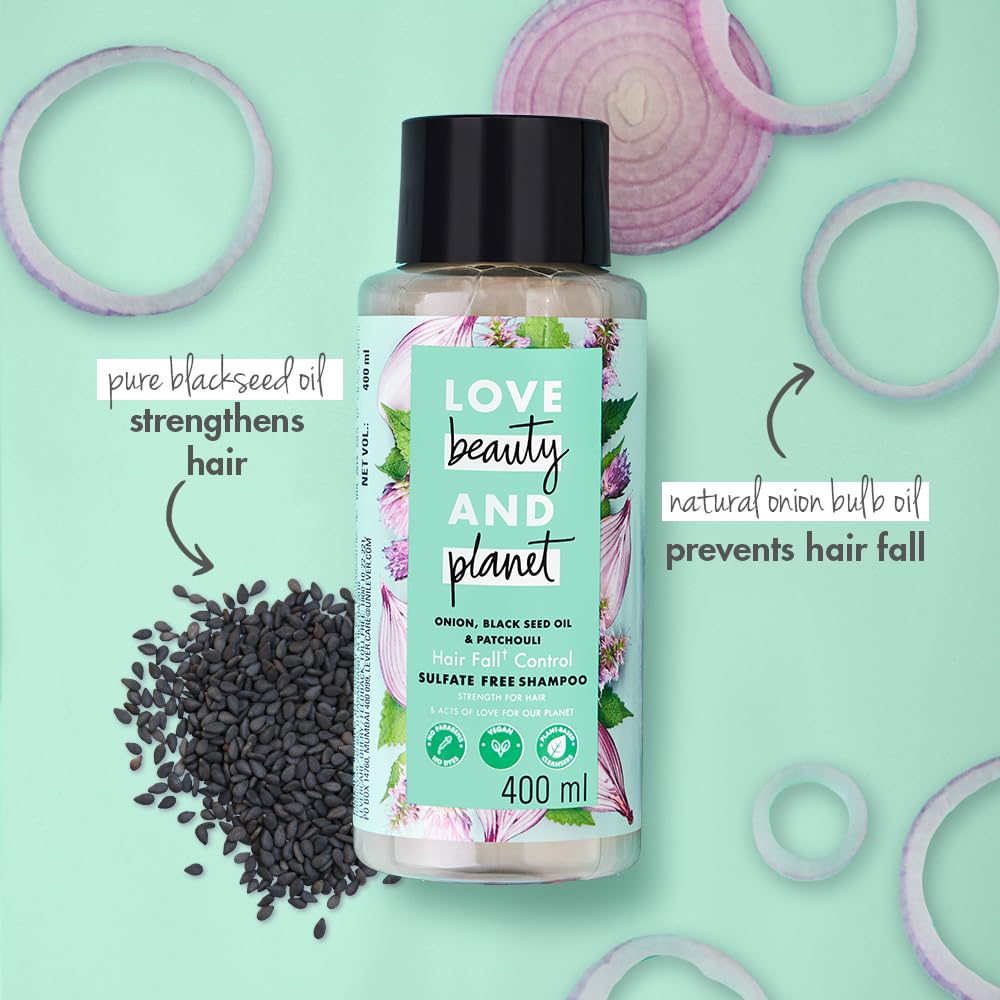 Love Beauty & Planet Onion Oil|| Blackseed Oil & Patchouli Sulfate Free Hairfall Control Shampoo|| No Parabens|| No Dyes|| Patchouli Essential Oil|| 400 ml