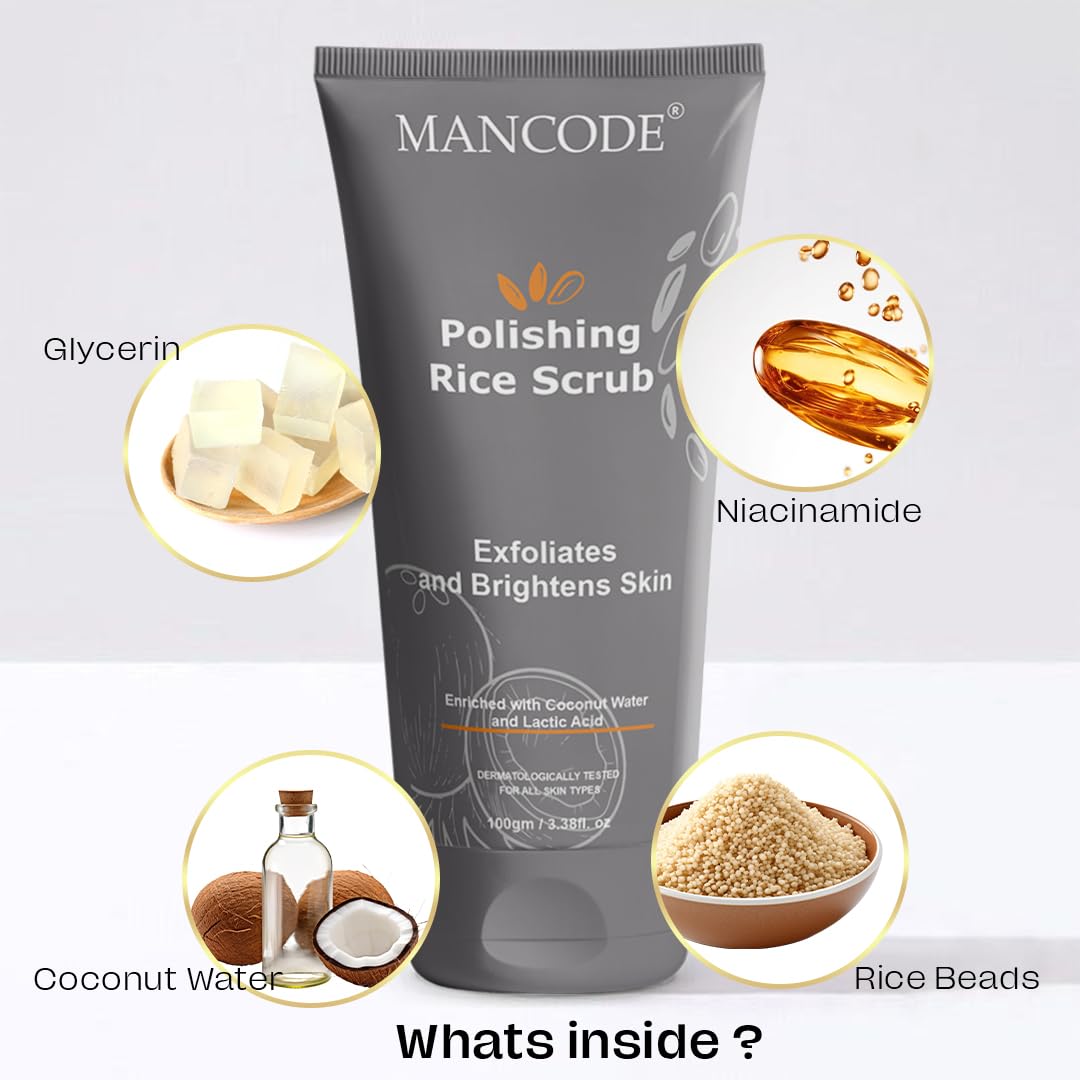 Mancode Polishing Rice Scrub for Oil Control, unclogs your pores help to Brighten Skin Face scrub 100gm