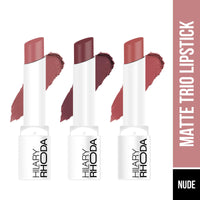 Hilary Rhoda Matte Trio Lipstick | Matte Finish & Long Lasting Lipstick | Pack of 3 Lipsticks | Highly Pigmented & Glides Smoothly | Vegan & Cruelty-Free - (Nude-Mood Trio, 3g x 3U)
