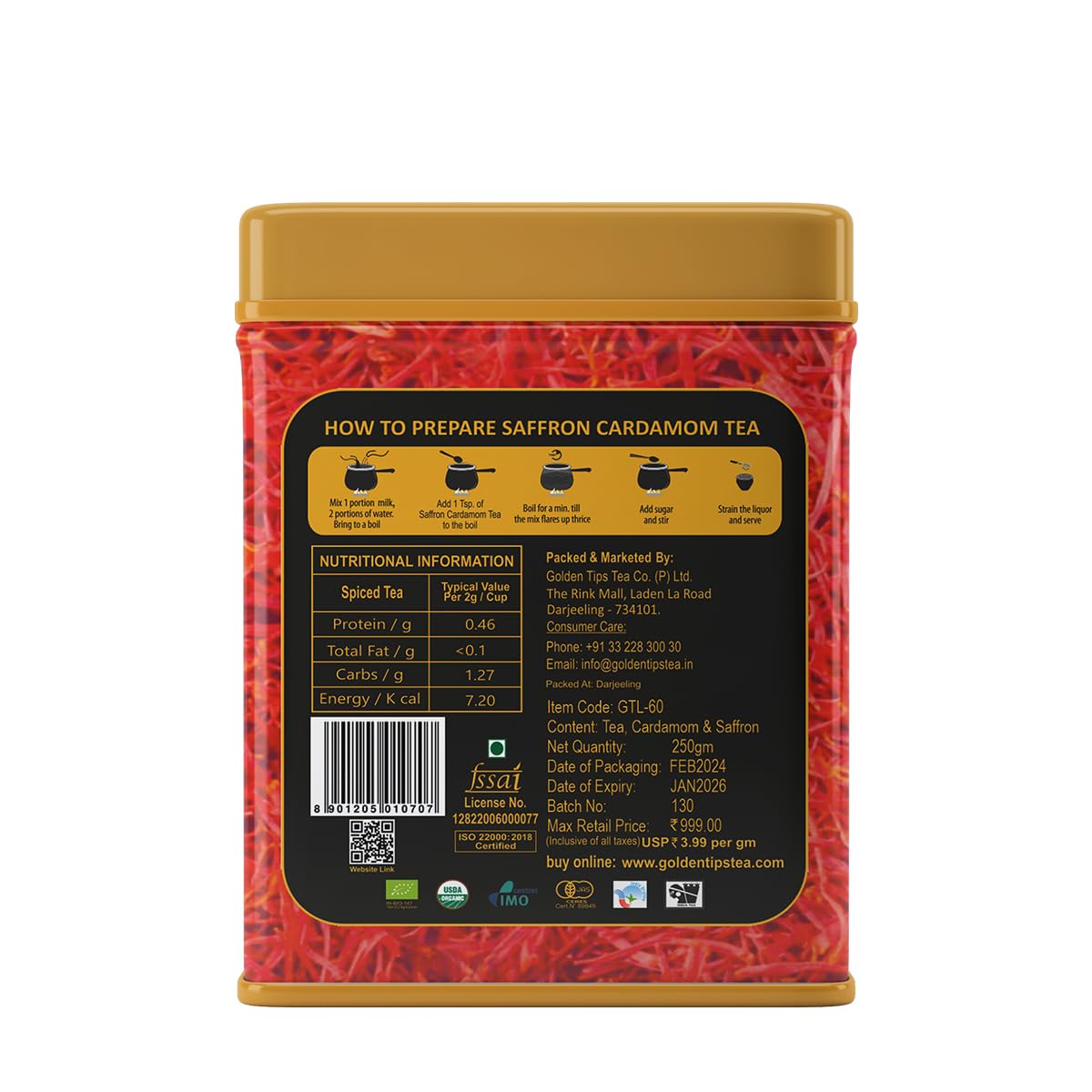 Golden Tips Saffron Cardamom (Elaichi) Exotic Robust CTC Chai 250 Gram