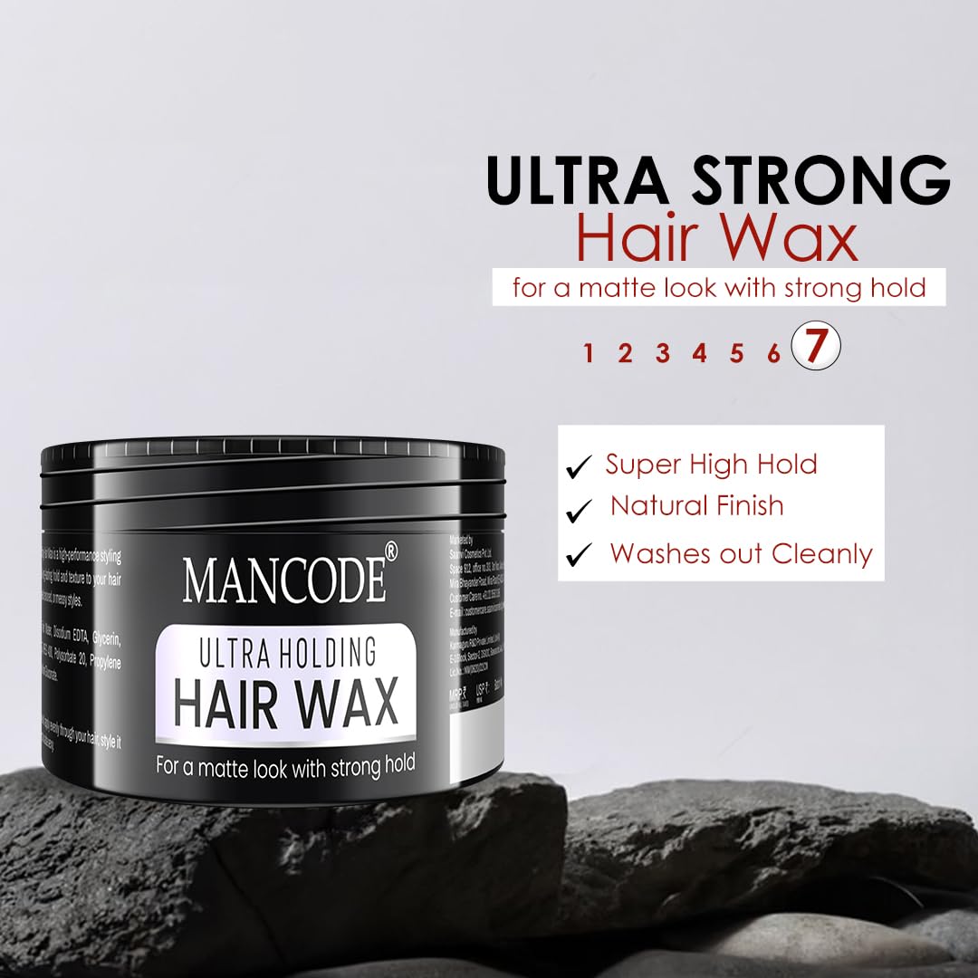 Mancode Ultra Holding Hair Wax for Men 100ml | Matte Look with 24 hrs Strong Hold Level 7 | Matte Finish & No Greasy Residue Styling Hair Wax 100gm