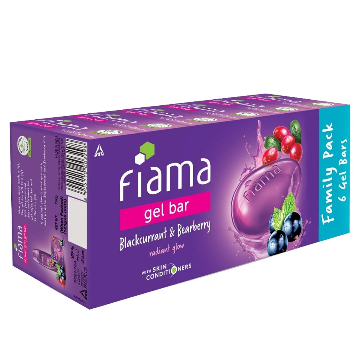 Fiama Gel Bar Blackcurrant And Bearberry, With Skin Conditioners For Moisturized, Radiant & Glowing Skin, 750g (125g - Pack of 6), Soap for Women & Men, For All Skin Types