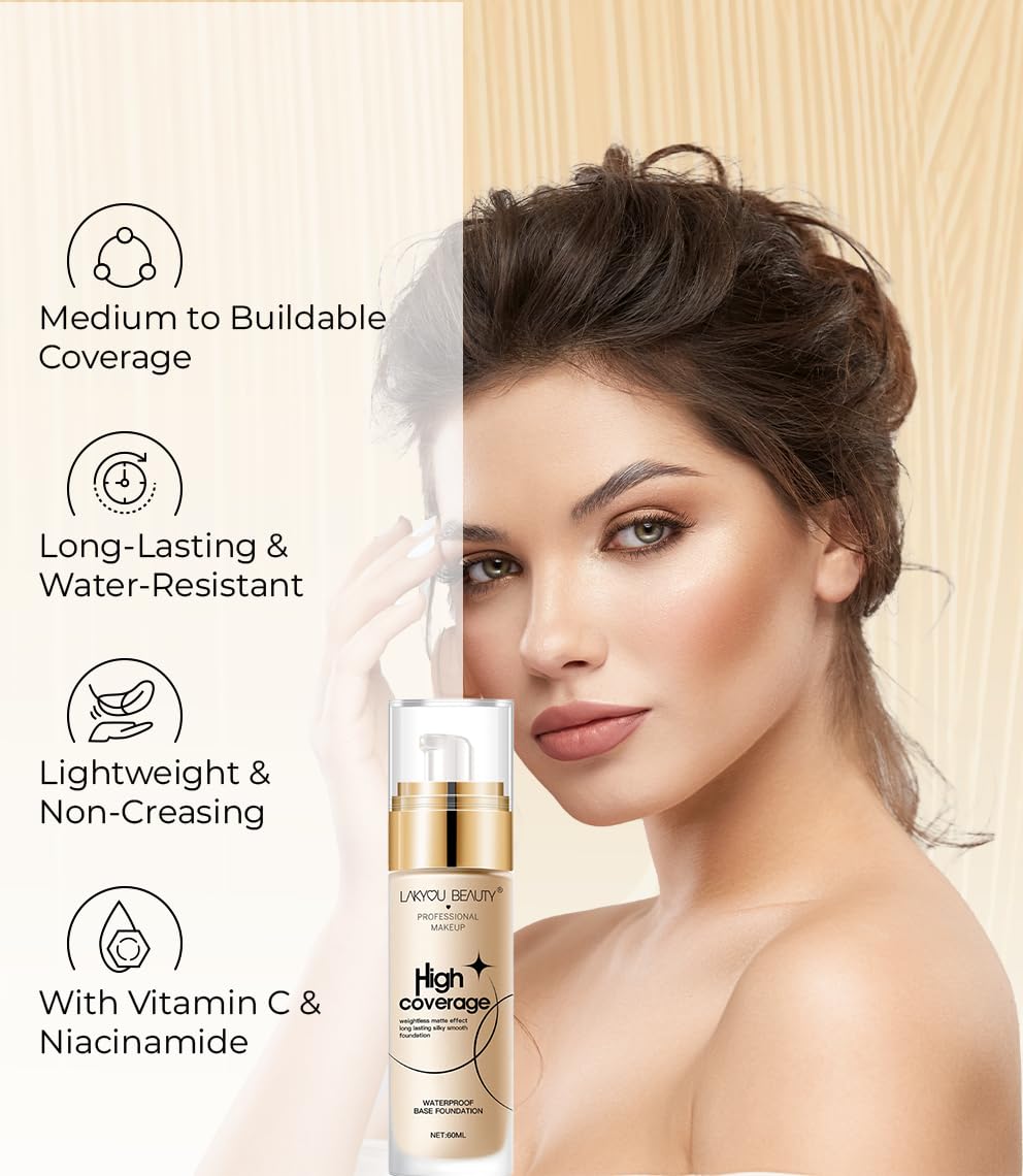 Lakyou Beauty High Coverage Foundation | Lightweight Waterproof Base Makeup | Weightless Matte Effect | Long-Lasting Silky Smooth Finish | 60ml (02(Soft Ivory), 60ml)