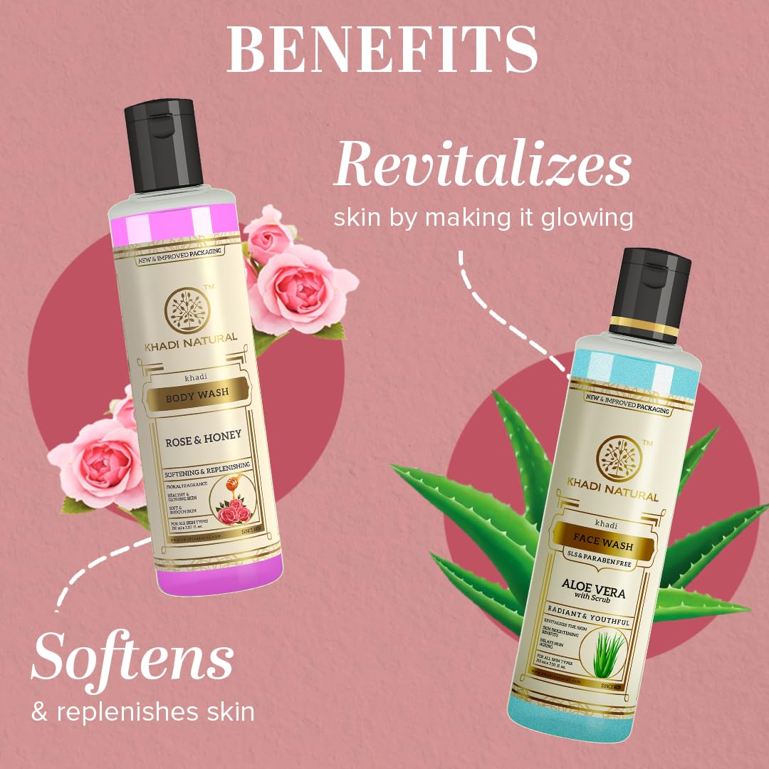 Khadi Natural Aloe Vera Face Wash with Scrub & Rose & Honey Body Wash | For Younger-Looking Skin |Improves Complexion| Paraben & SLS Free | 210 ml each