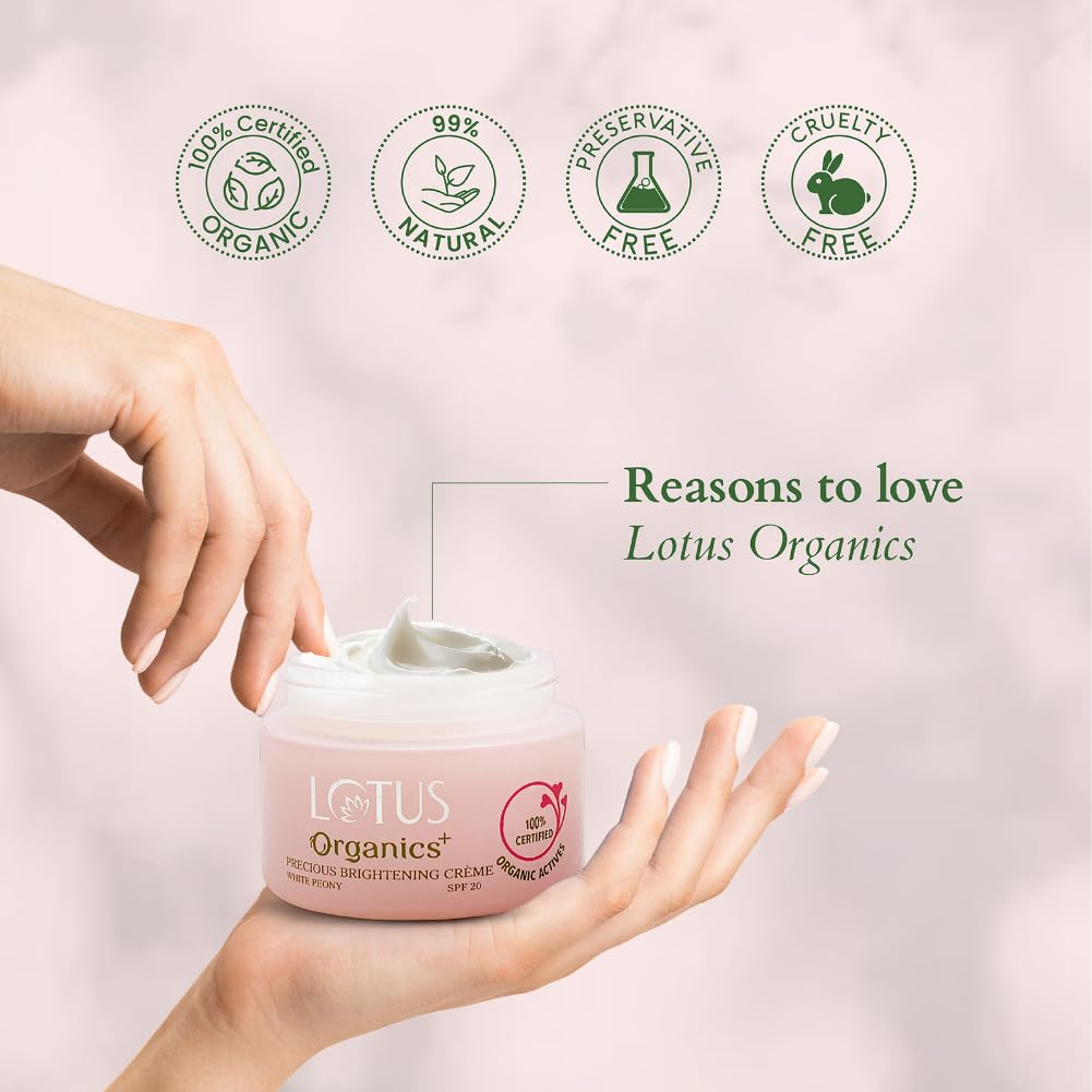Lotus Organics+ Precious Brightening Cream | For Dark Spots, Blemishes & Pigmentation | SPF 20 Moisturizer | 50g