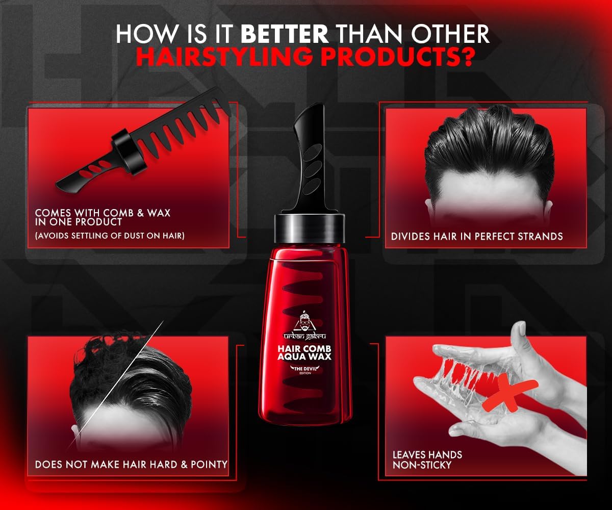 Urbangabru Hair Comb Aqua Wax - The Devil Edition - 260 ML & Insta Glow Face Cream 50 GM - Men's Grooming Combo Kit