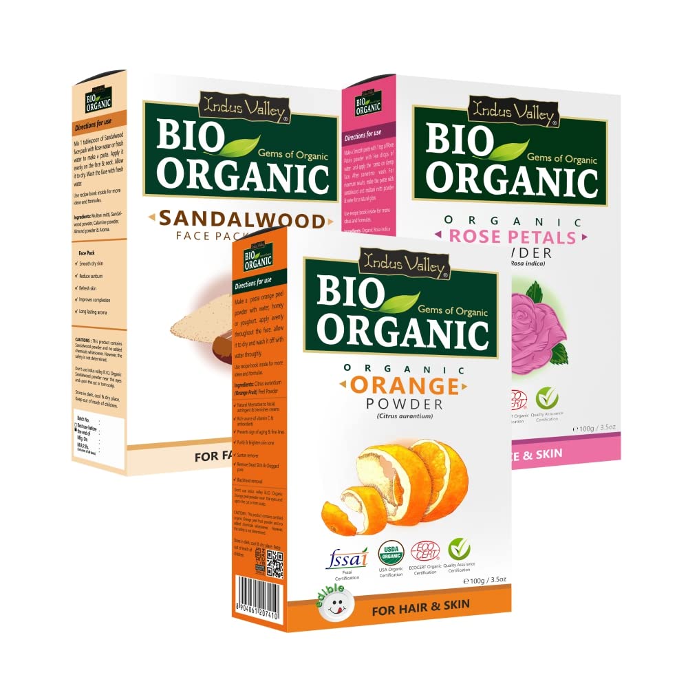 INDUS VALLEY Organic (Sandalwood Face Pack + Orange | Citrus aurantium & Rose Powder | Rosa indica) - 200+100+100=400g