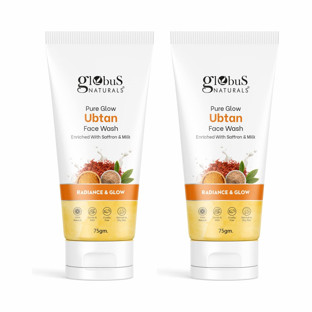 Globus Naturals Pure Glow Ubtan Face Wash, Enriched With Saffron & Milk, For Radiance & GLow, Natural, Gentle & Mild, Suitable For All Skin Types, 75 gm (Pack of 2)